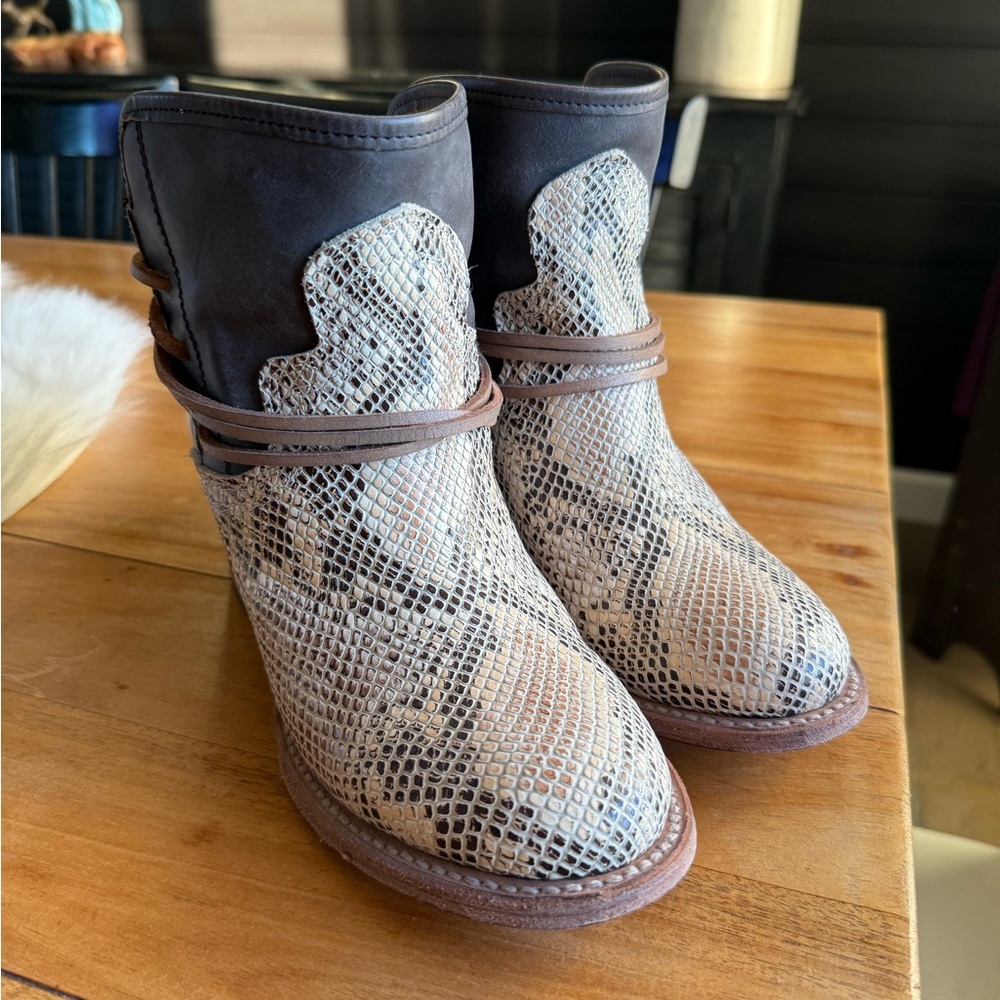 Freebird Snakeskin and Brown Ankle Booties